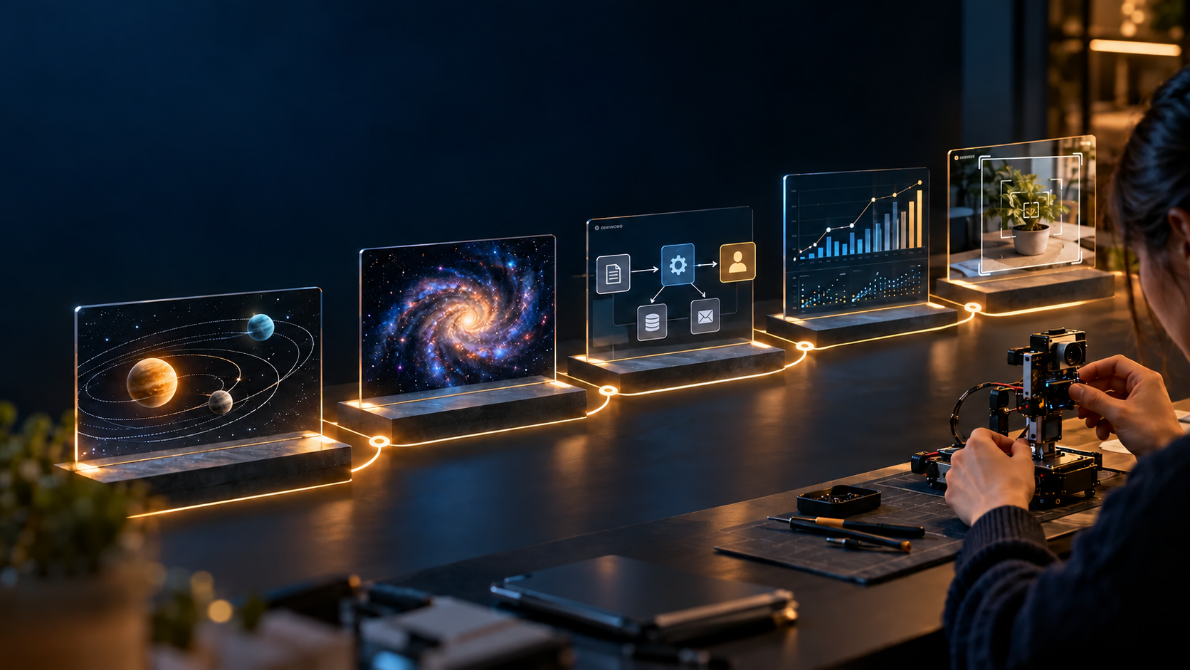 A sequence of hands-on AI missions: orbital simulation, galaxy exploration, workflow automation, data analysis, and a camera prototype